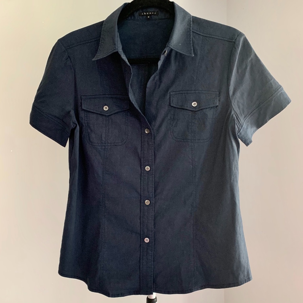 THEORY Women's Button Up Navy Blue Shirt Size M